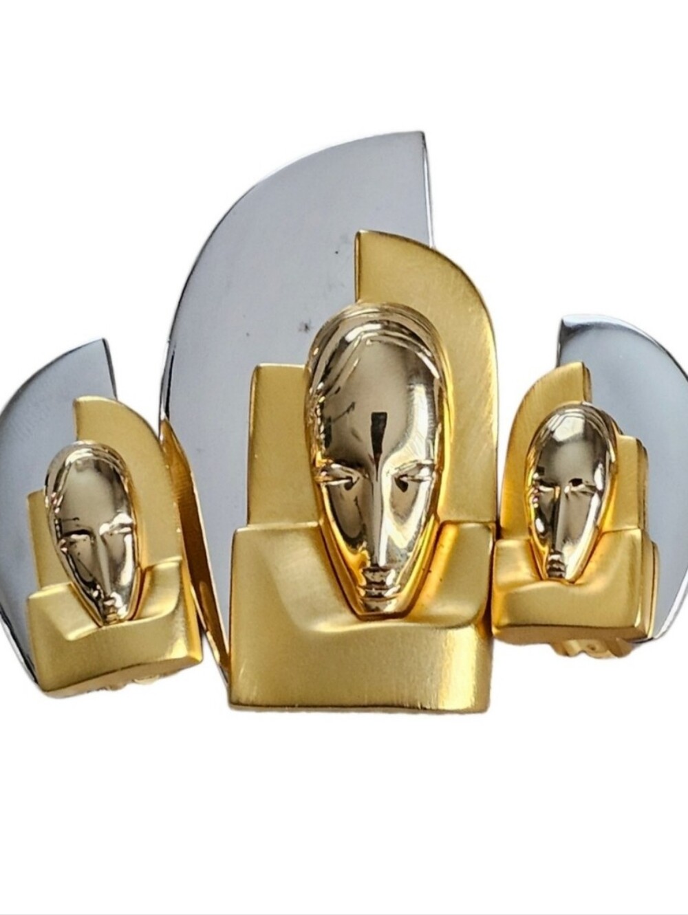 Vintage Art Deco 89 Abstract Silver & Gold 3pc Brooch & Earrings Set